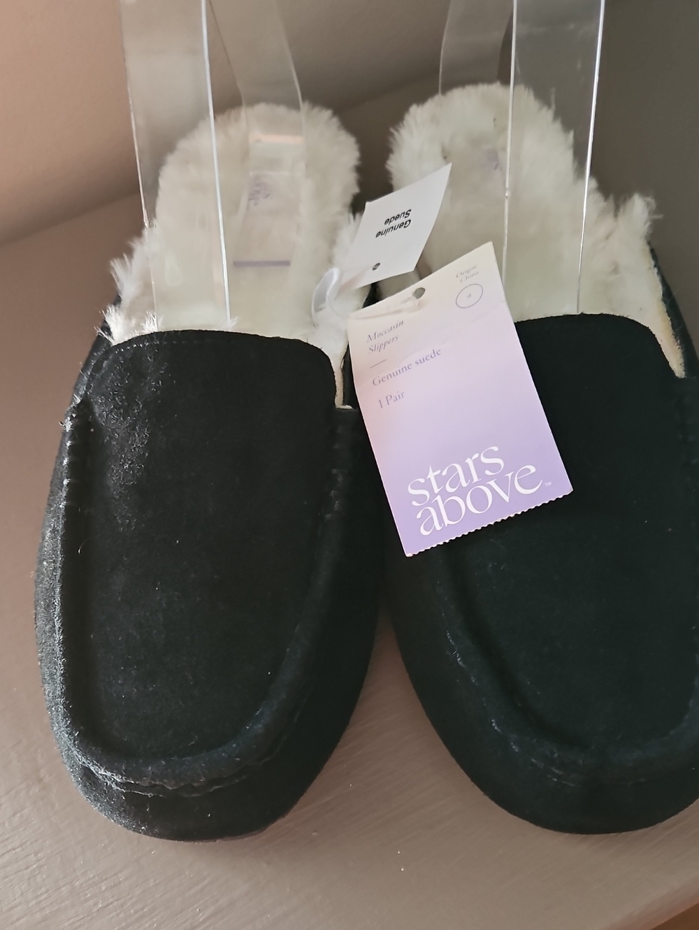 NWT Stars Above Black Suede Plush-Lined Slip-On Slippers SZ 9